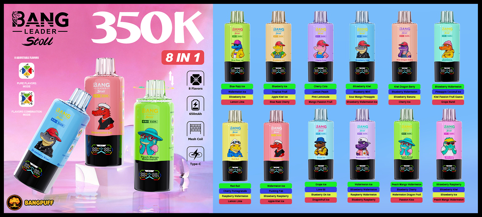 Promotional graphic for Bang Leader 350K 8‑in‑1 vape devices showing colorful models and multiple flavor options