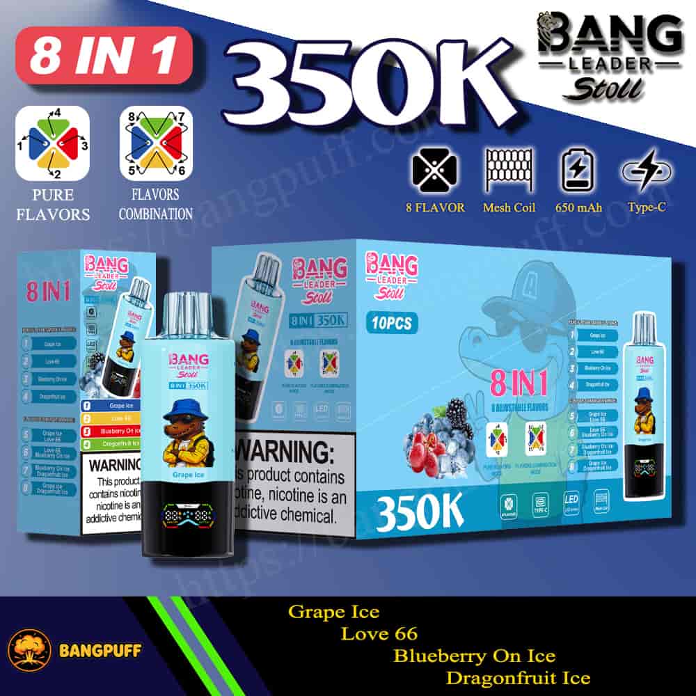 Promotional graphic for Bang Leader Stoll 8‑in‑1 350K vape kit with flavors, 650 mAh battery, mesh coil, and Type‑C charging