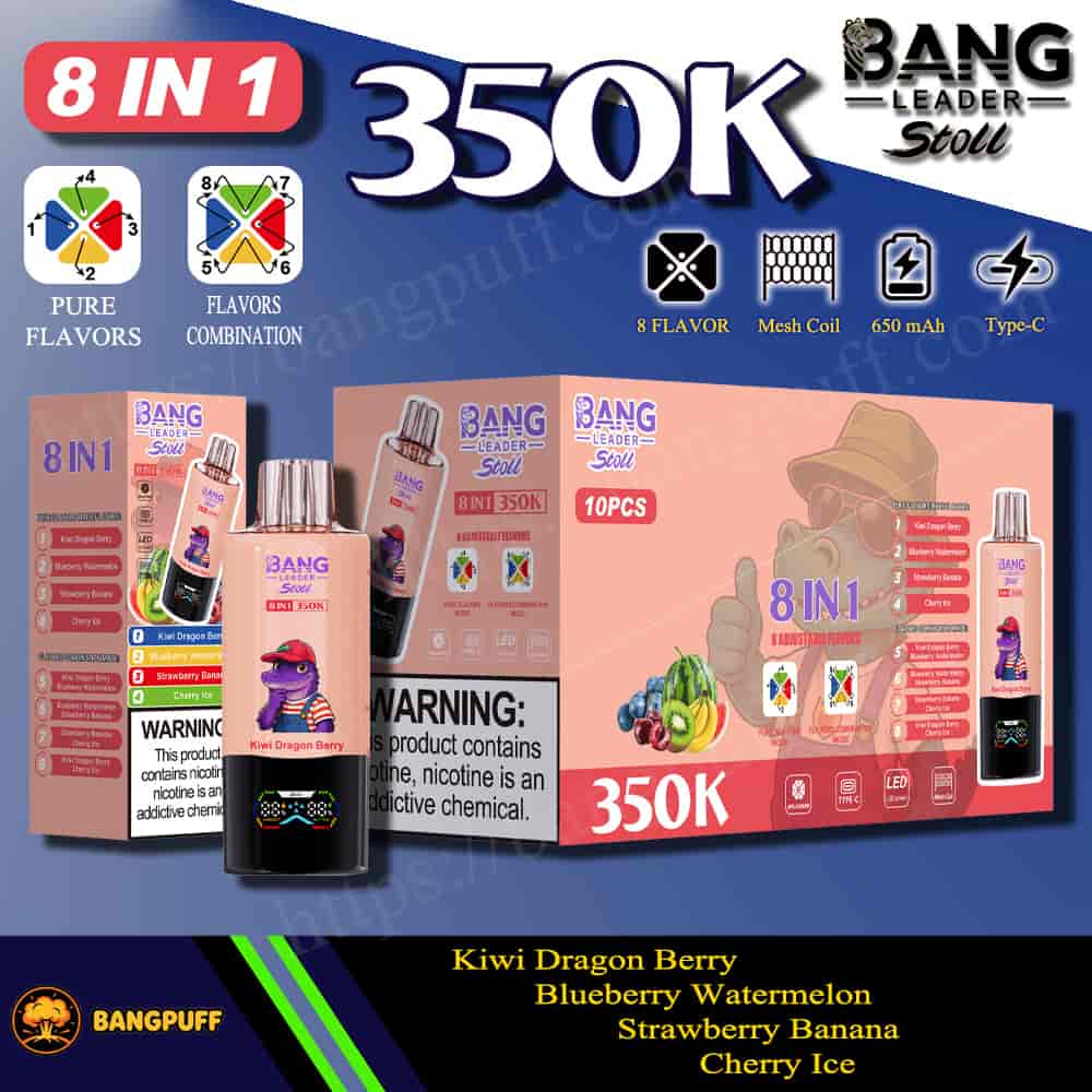 Bang Leader Stoll 8‑in‑1 350K vape kit with packaging, 8 flavors, mesh coil, 650 mAh battery, and Type‑C charging icons