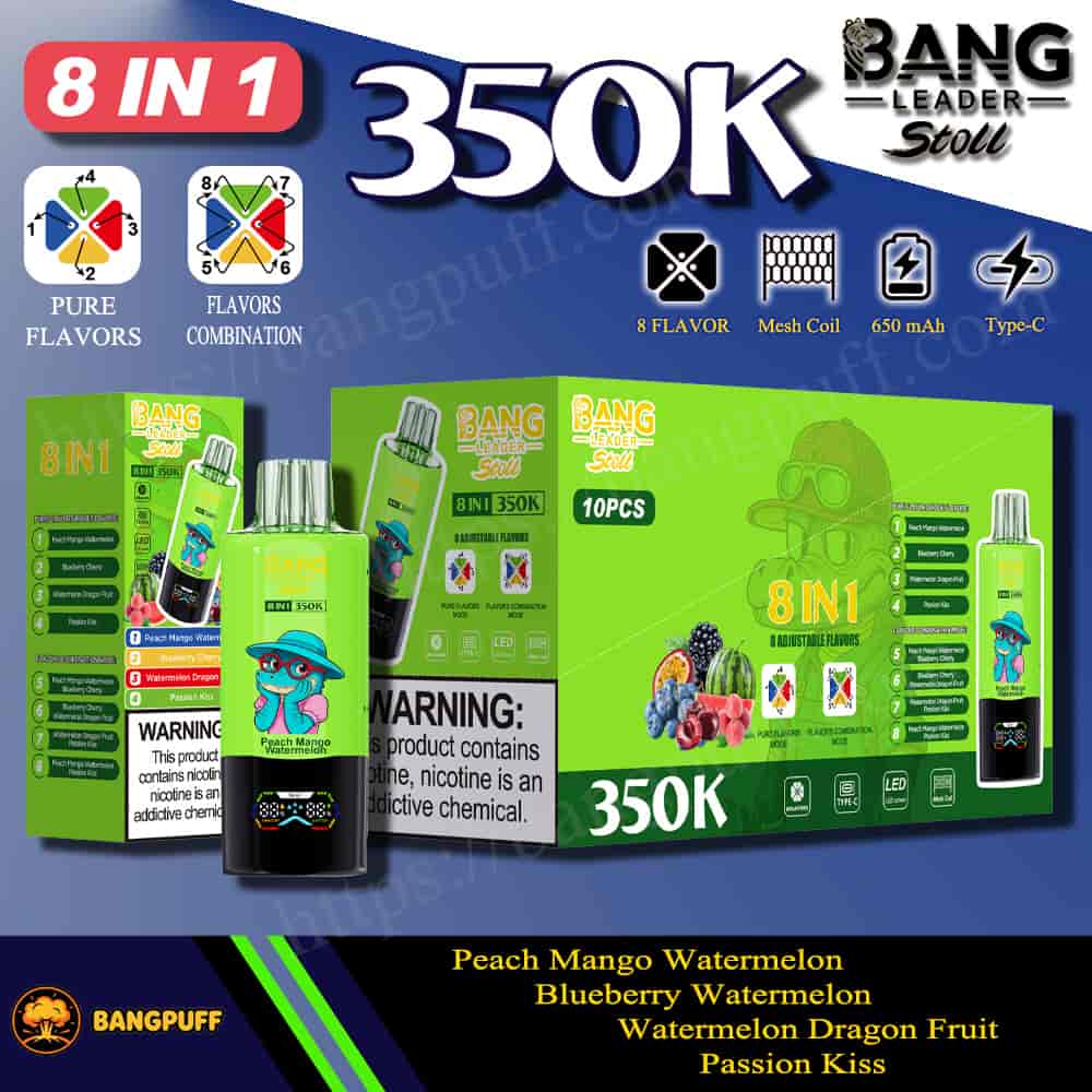 Bang Leader Stoll 8 in 1 vape kit 350K with 8 flavors, 650mAh battery, Type-C, mesh coil, and 10-piece box packaging