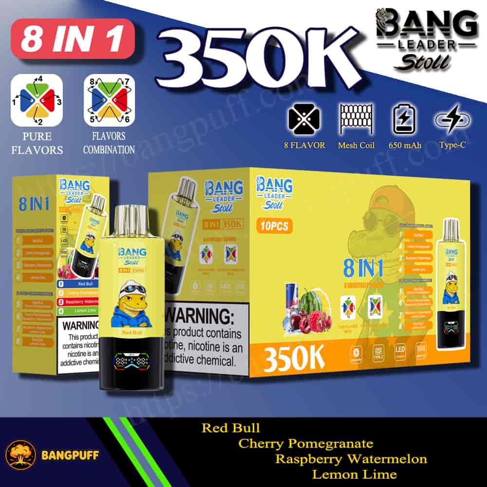 Bang Leader Stoll 8-in-1 350K vape kit packaging with flavor list, device image, and feature icons (650mAh, Type-C, mesh coil)