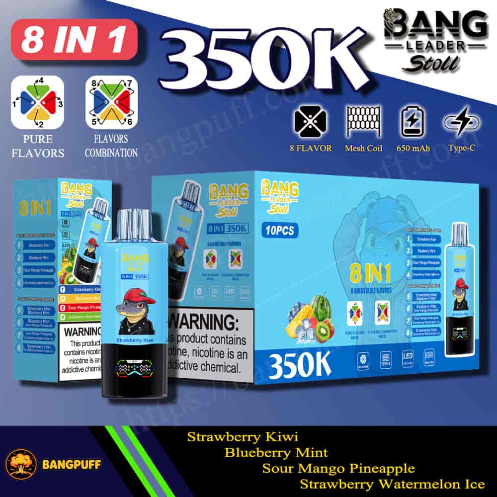 Promotional graphic for Bang Leader Stoll 8‑in‑1 350K vape kit showing device, box, 8 flavors, 650mAh, Type‑C