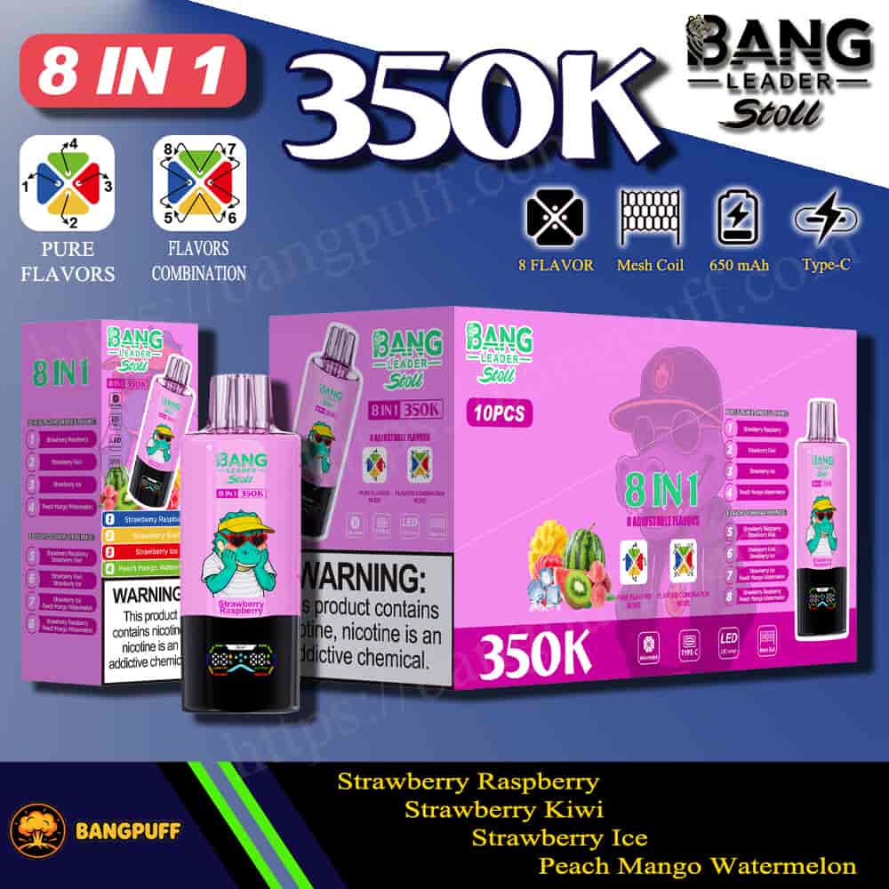 Bang Leader Stoll 8‑in‑1 350K disposable vape packaging with 8 flavors, 650mAh battery, Type‑C charging, and flavor list