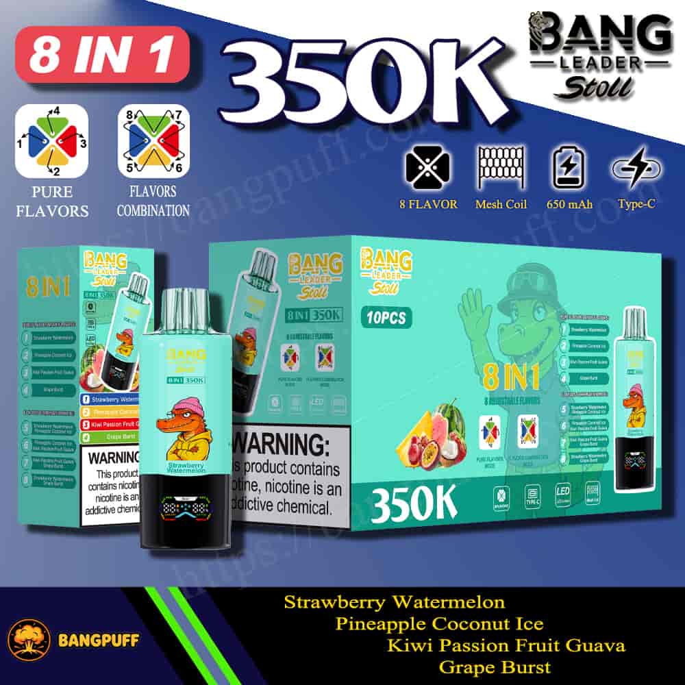 Promotional graphic for Bang Leader Stoll 8‑in‑1 vape, 350K puffs, 8 flavors, 650 mAh, Type‑C, with product boxes and device shown