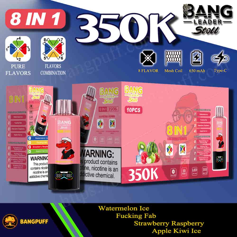 Bang Leader Stoll 8-in-1 350K vape device and packaging with flavor options and 650 mAh Type-C features