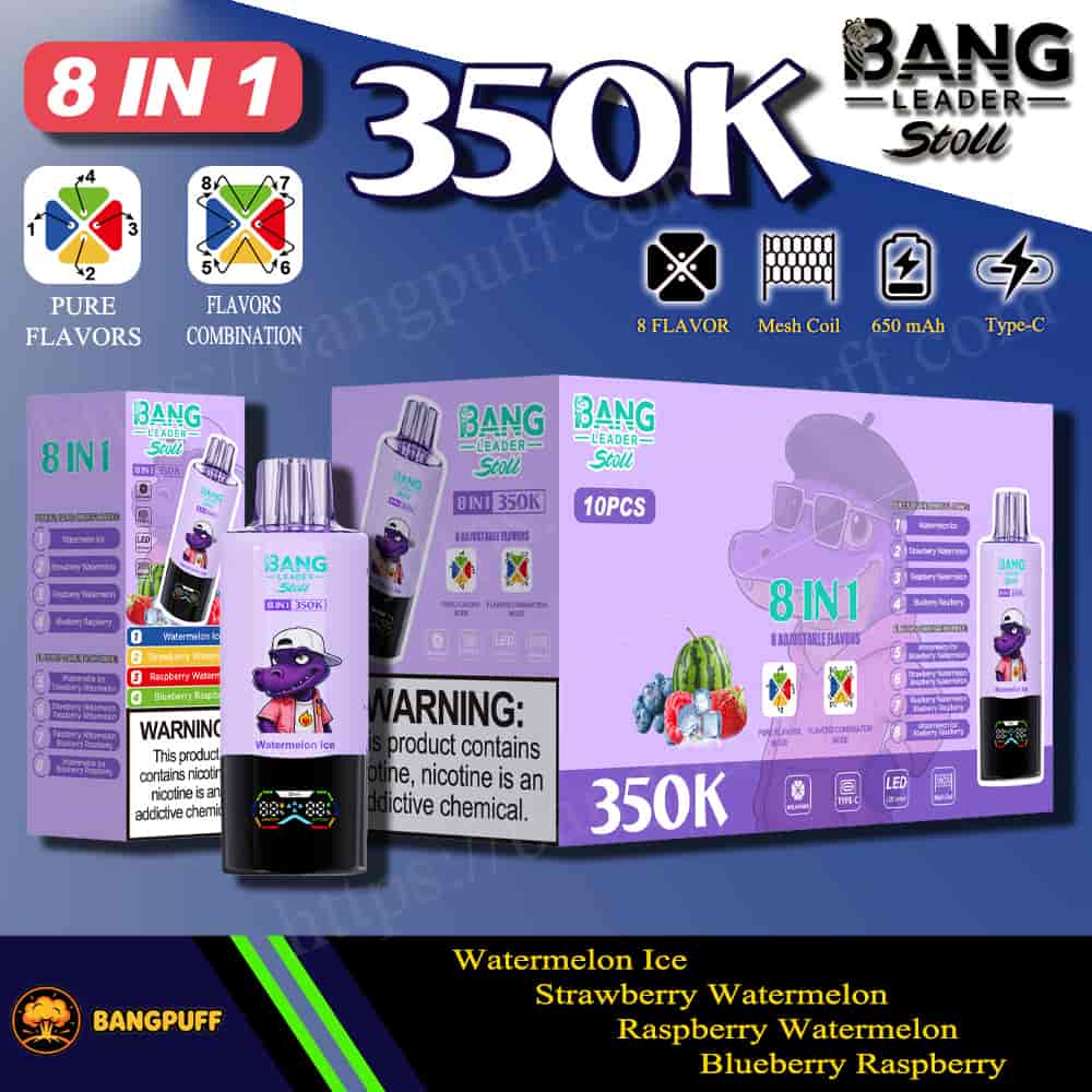 Promotional image of Bang Leader Stoll 8-in-1 350K vape device with flavor options and purple retail packaging