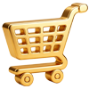 Gold 3D shopping cart icon with wheels, isolated on a light background