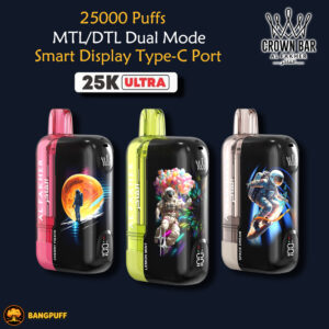 Three colorful vaping devices with astronaut-themed graphics displayed under text highlighting 25,000 puffs, dual modes, and a Type‑C port