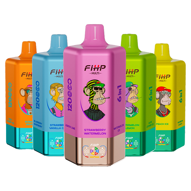 Five colorful FiHP Multi disposable vape devices labeled with flavors like Strawberry Watermelon and Peach Ice