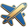 Stylized blue and gold airplane icon angled upward against a dark background