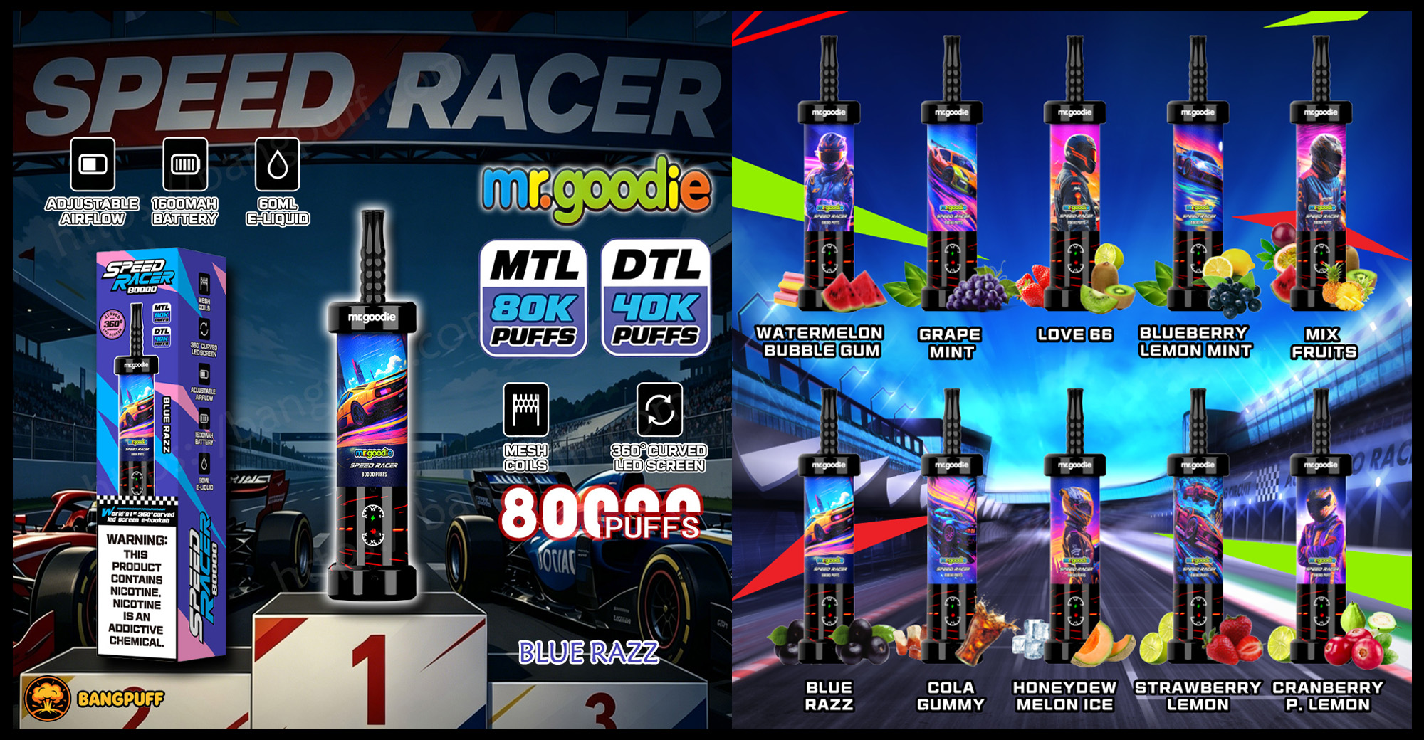 Mr. Goodie Speed Racer vape ad showing 80K puffs and flavors like Blue Razz, Grape Mint, and Watermelon