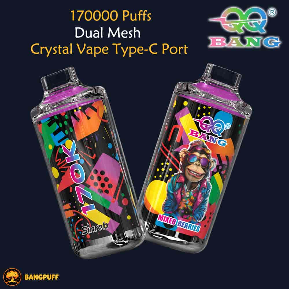 Immagine promozionale di due vaporizzatori colorati in cristallo con testo che indica 170000 tiri, doppia mesh, vaporizzatore in cristallo con porta Type-C e loghi Bang