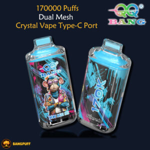 Two QQ Bang crystal vape devices with blue tops, labeled 170000 Puffs Dual Mesh Type-C, Blue Razz Ice, 170K