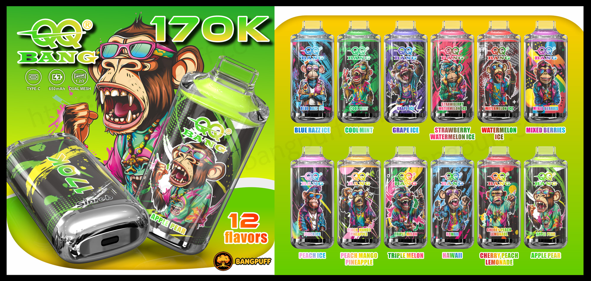 QQ Bang 170K disposable vape with cartoon monkey design, shown in 12 flavors including Blue Razz Ice and Apple Pear