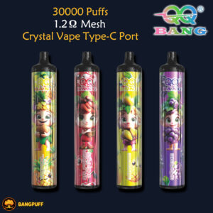 Four colorful EQ Bang crystal vape pens labeled Tropical Fruit, California Cherries, Mango Ice, and Grape Ice, 30000 puffs