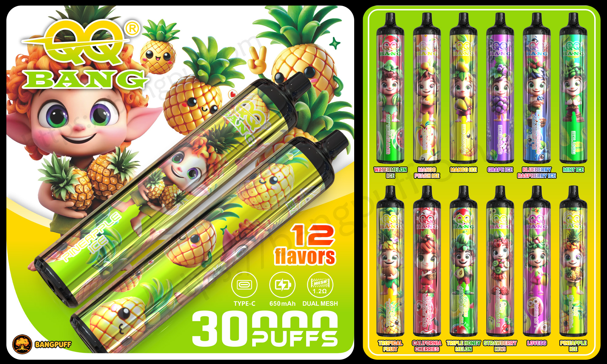 Colorful Bang Puff vape ad showing pineapple-themed devices, cartoon character, and 12 flavors with 3000 puffs