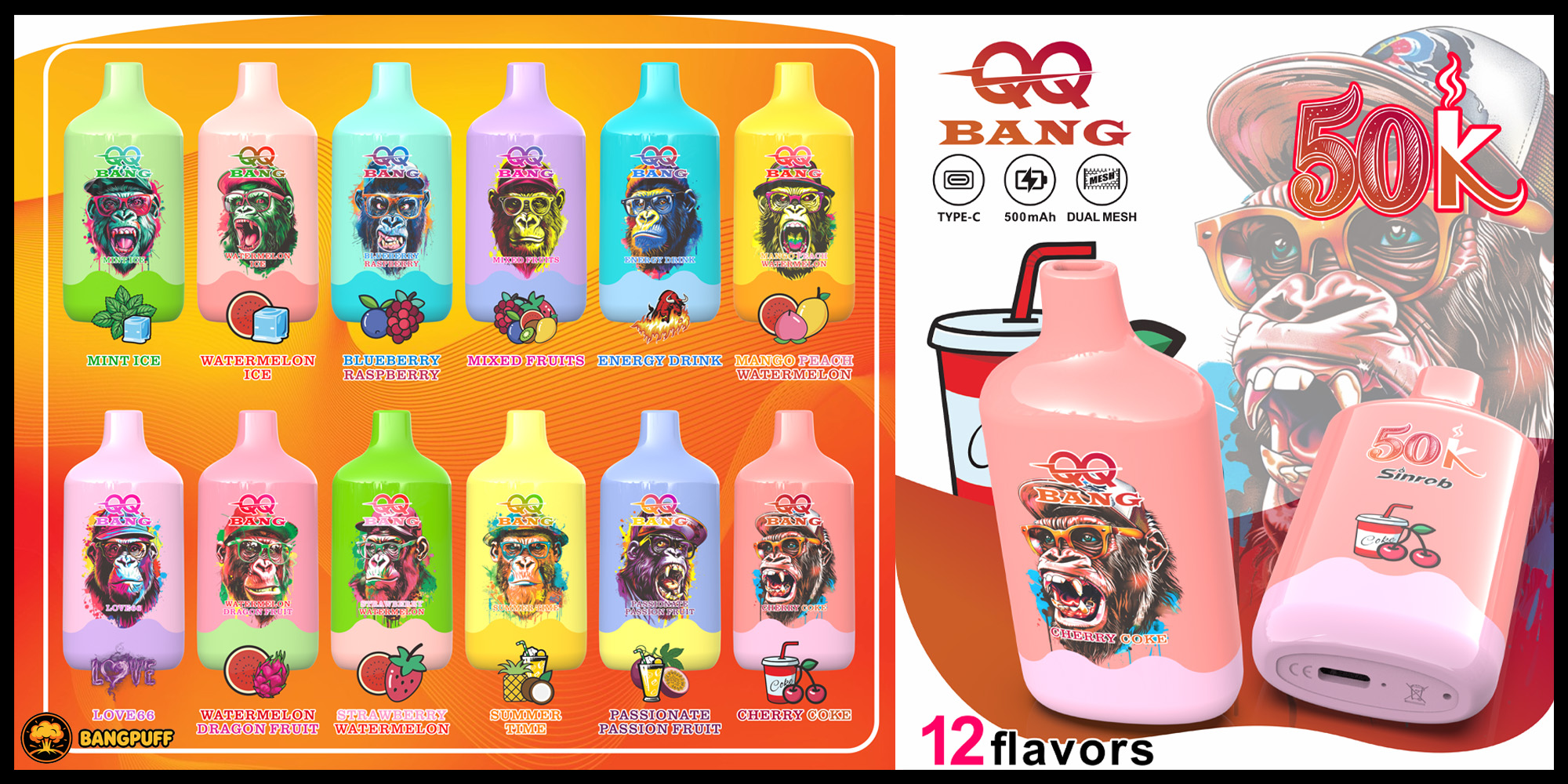 Promotional graphic of QQ Bang disposable vapes in 12 flavors, colorful bottles with gorilla logo and 50K, Type-C features