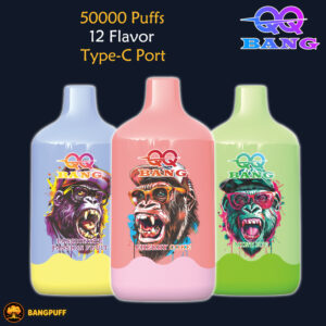 Three colorful QQ Bang vape devices labeled Passionate Passion Fruit, Cherry Coke, and Mint Ice with 50,000 puffs and Type-C port