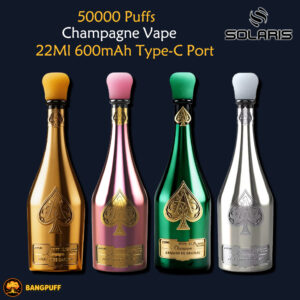 Four champagne bottle–shaped vapes in gold, pink, green, and silver labeled Solaris 50000 Puffs, 22ML 600mAh Type-C Port