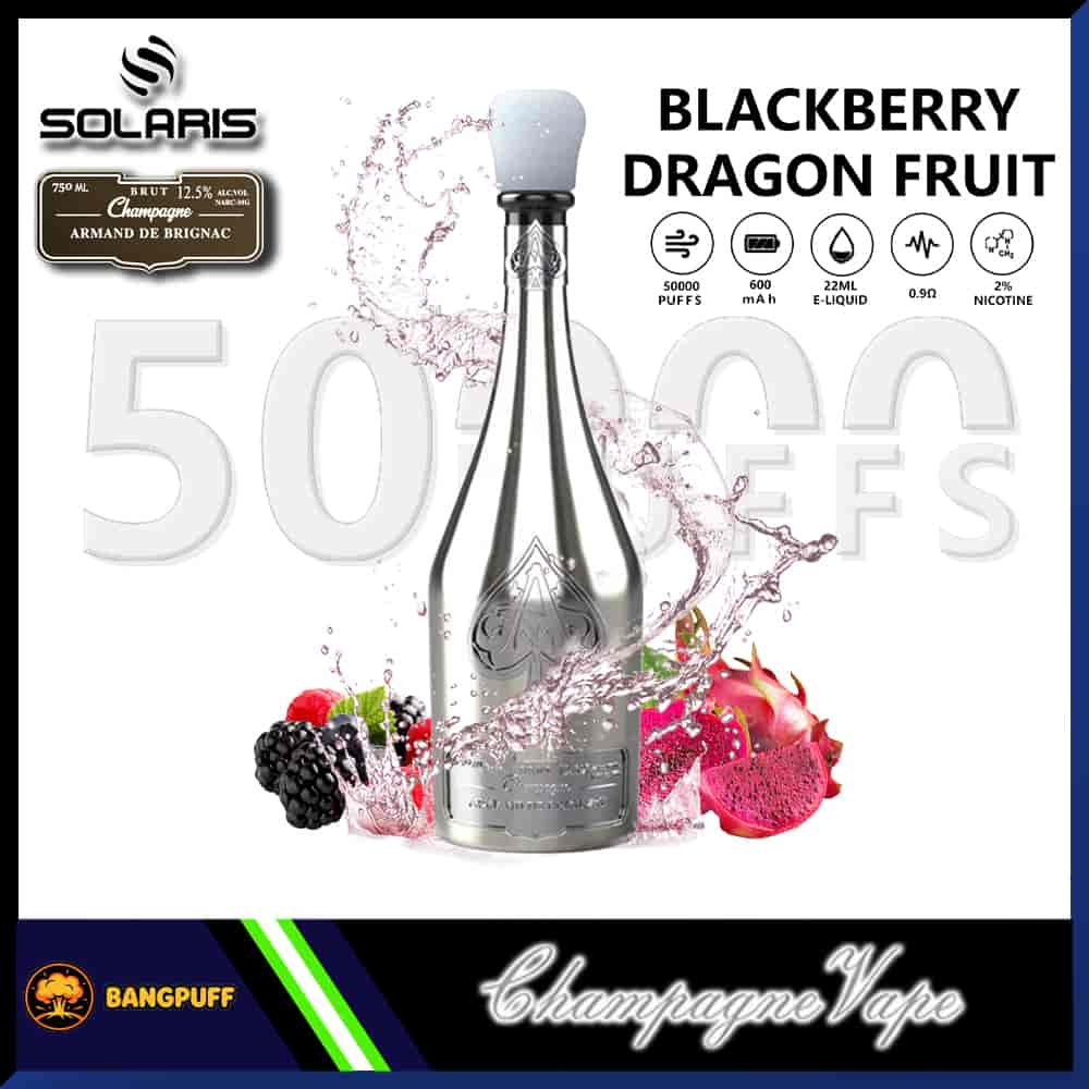 Solaris Blackberry Dragon Fruit vape bottle with fruit splash, 5000 puffs, 22ml e-liquid, 2% nicotine icons displayed