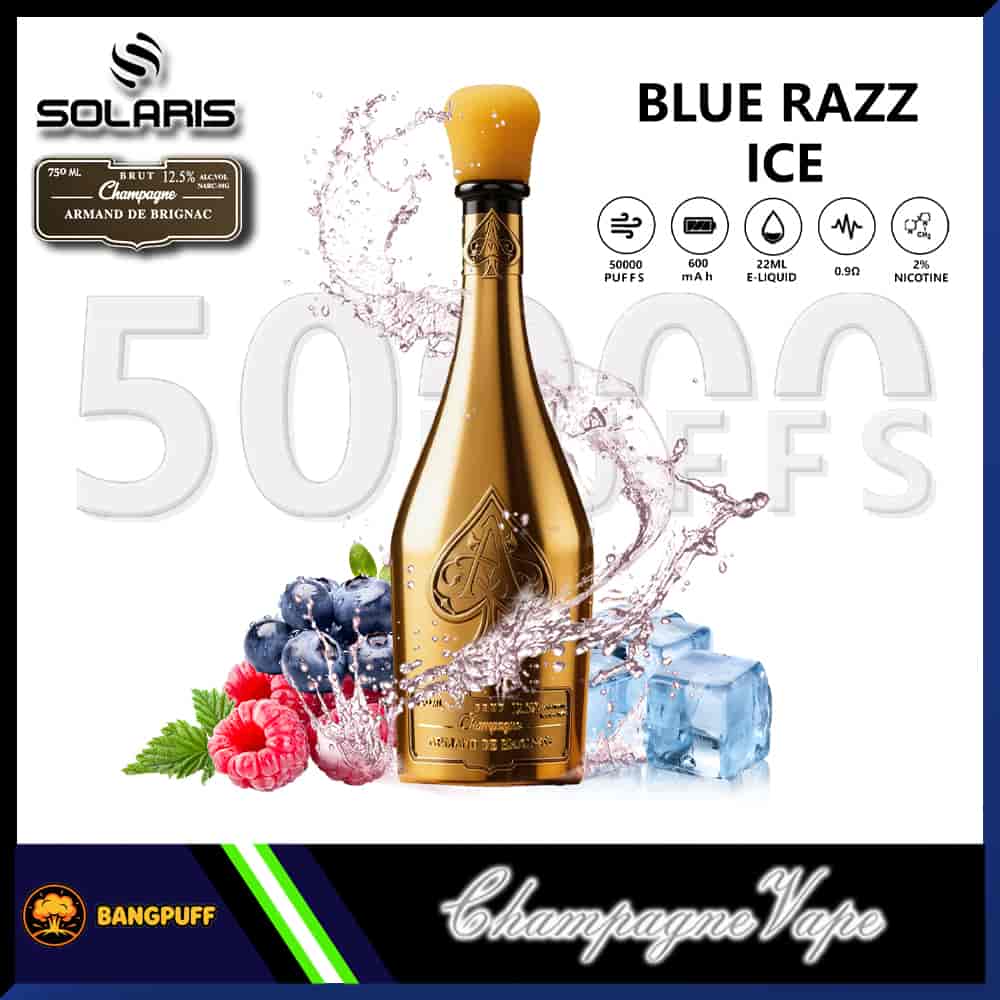 Gold champagne bottle–shaped Blue Razz Ice vape with berries, ice cubes, and splash effects, labeled 50,000 puffs