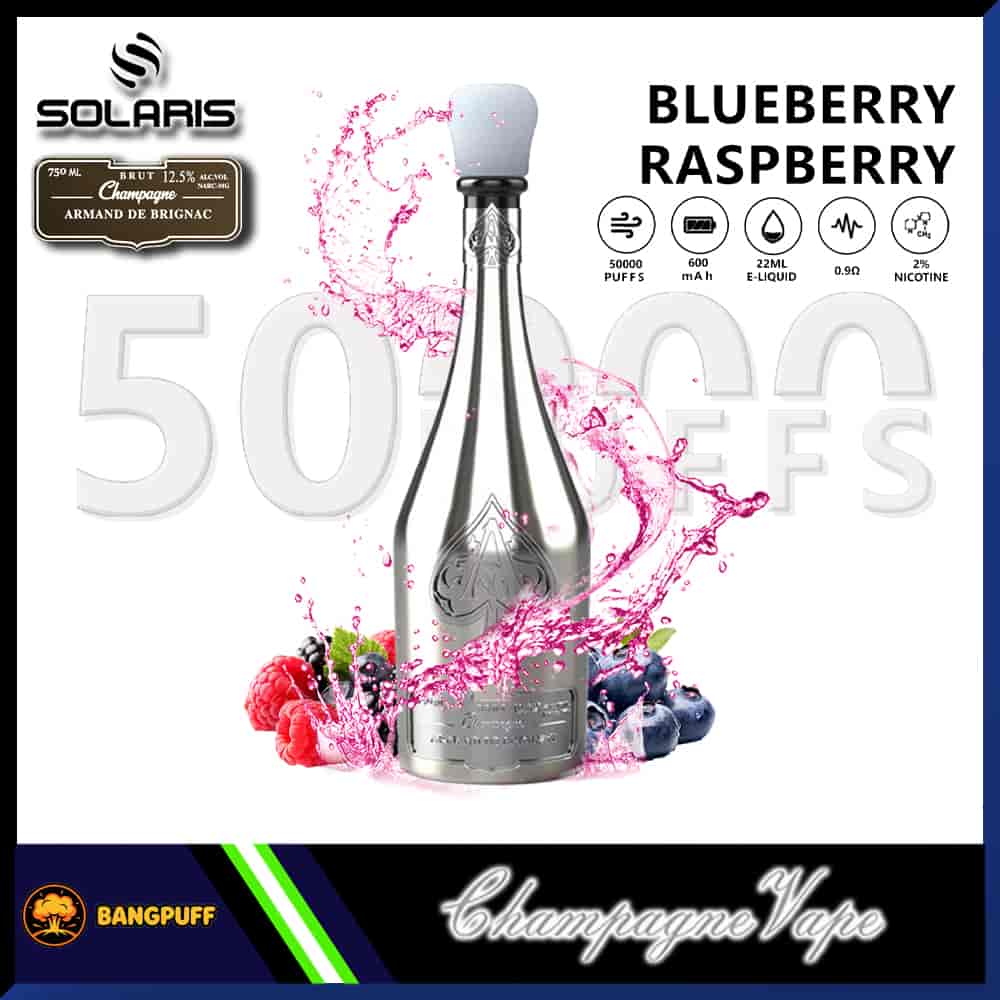 Champagne-style vape device labeled Blueberry Raspberry with berry splash graphics and 50000 puffs specs displayed