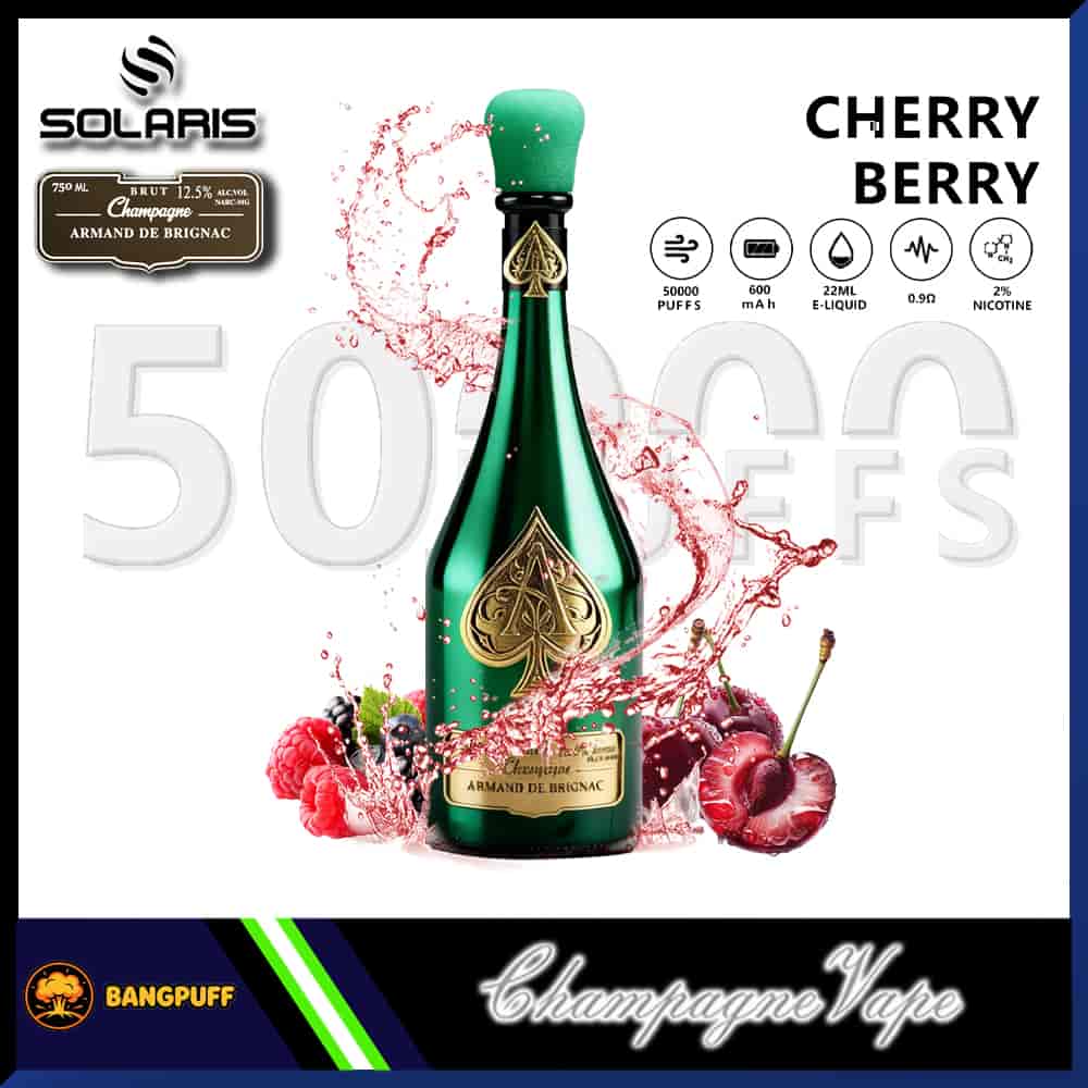Champagne bottle–shaped vape labeled Cherry Berry with red splash, berries, and 50,000 puffs, 22ml, 2% nicotine icons