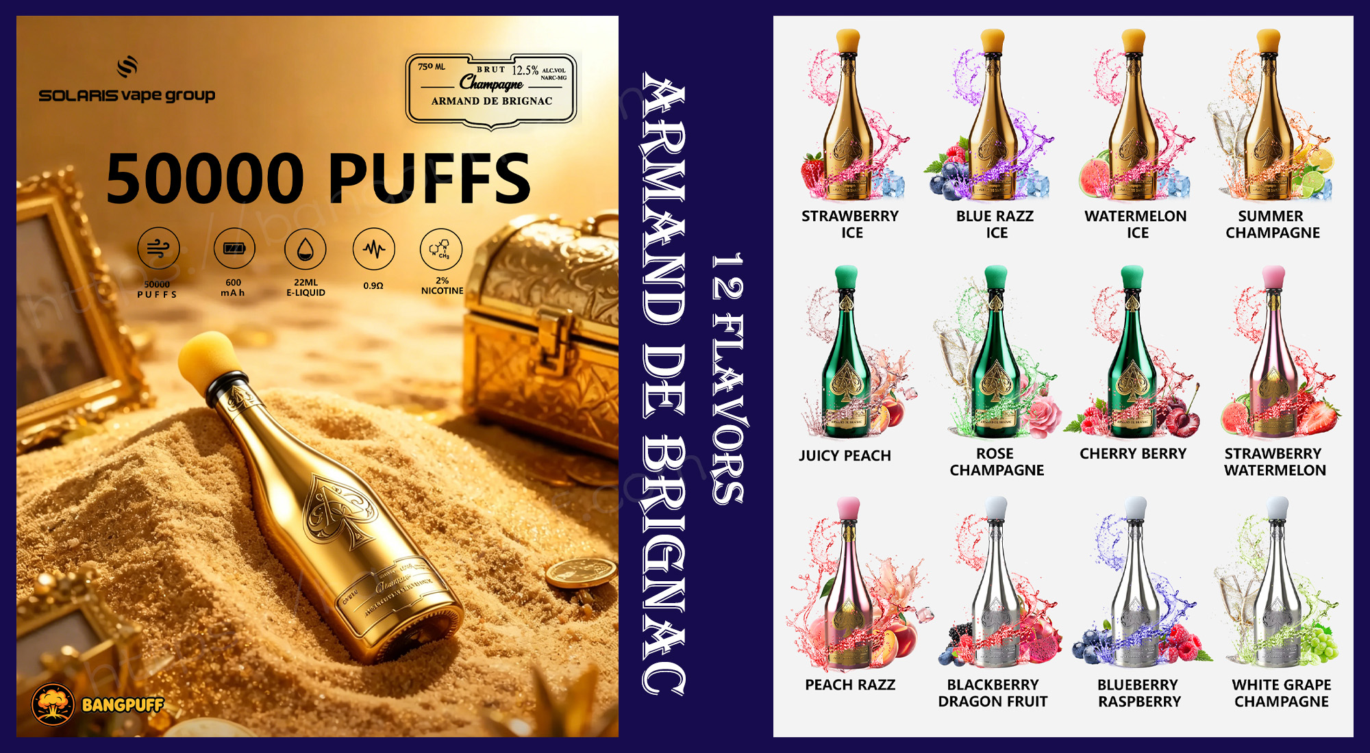 Gold champagne bottle–shaped vape advertising 50,000 puffs with 12 fruit and ice flavor options displayed