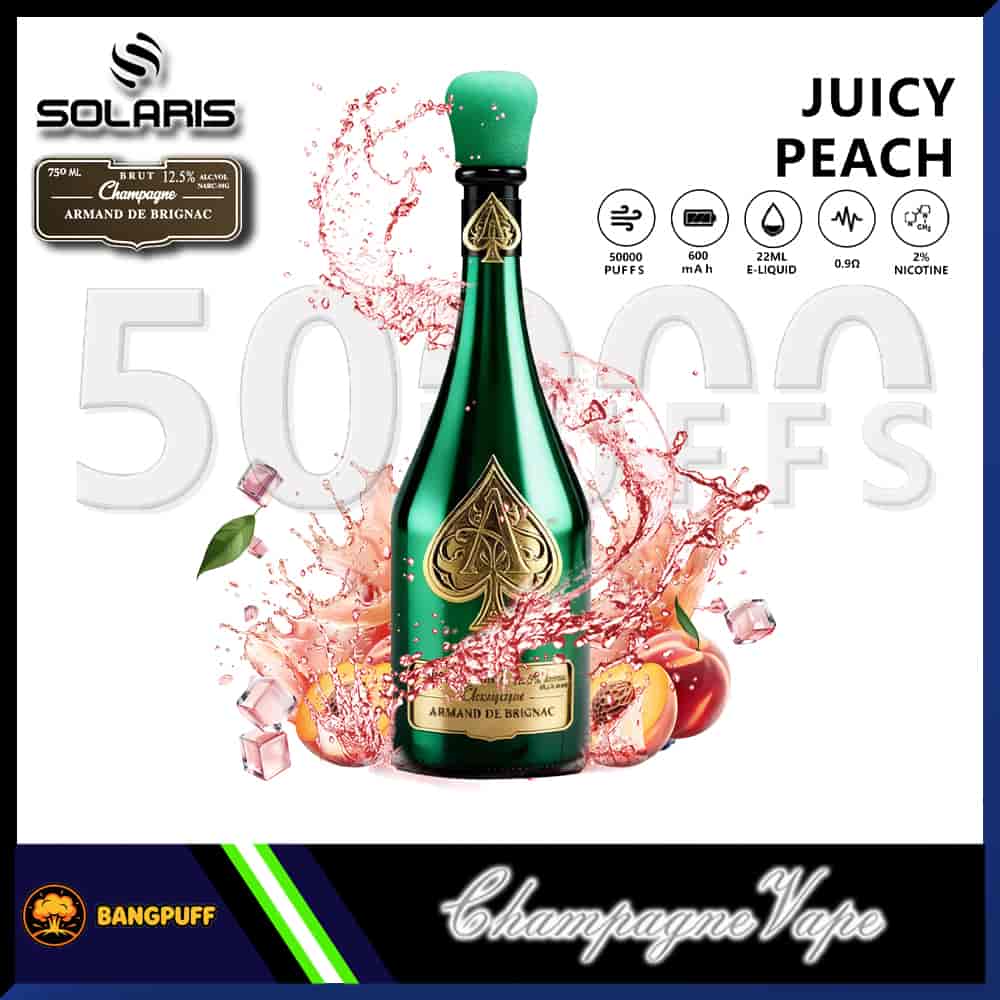 Green champagne-style vape bottle with peach splash, labeled Juicy Peach 50000 puffs, 22ml e-liquid, 2% nicotine