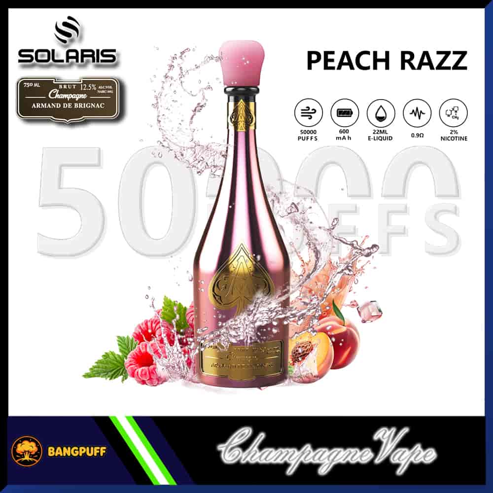 Peach Razz champagne-style vape bottle with raspberry and peach splash, labeled 50000 puffs and 22ML e-liquid