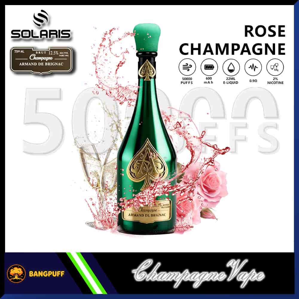 Green champagne bottle–styled vape labeled Rose Champagne with splashes, roses, and 50000 puffs, 2% nicotine details displayed