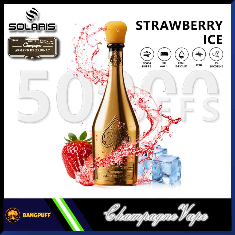 Gold champagne bottle–shaped vape labeled Strawberry Ice with strawberry, ice cubes, red splash, and 50000 puffs details