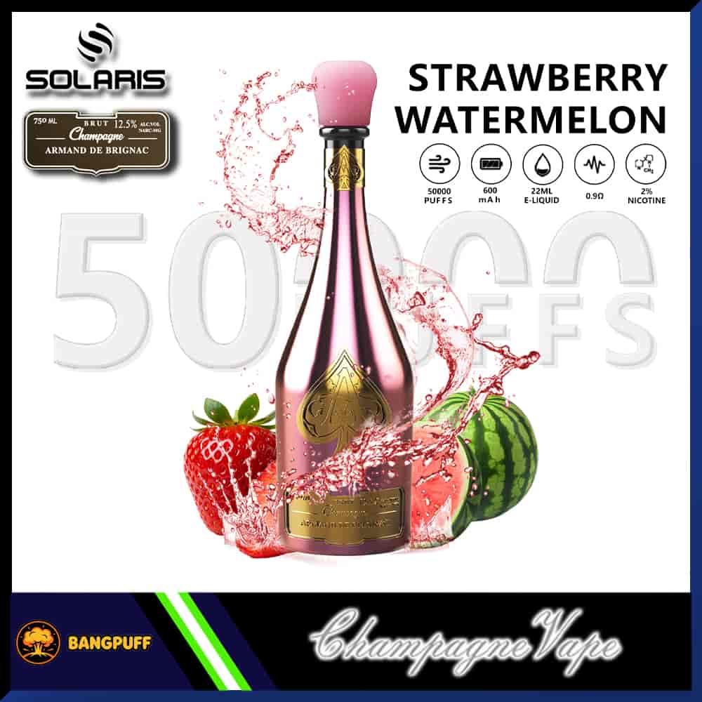Strawberry Watermelon champagne‑bottle vape with splash effect, 50,000 puffs, 22ml e‑liquid, 2% nicotine, 600mAh battery
