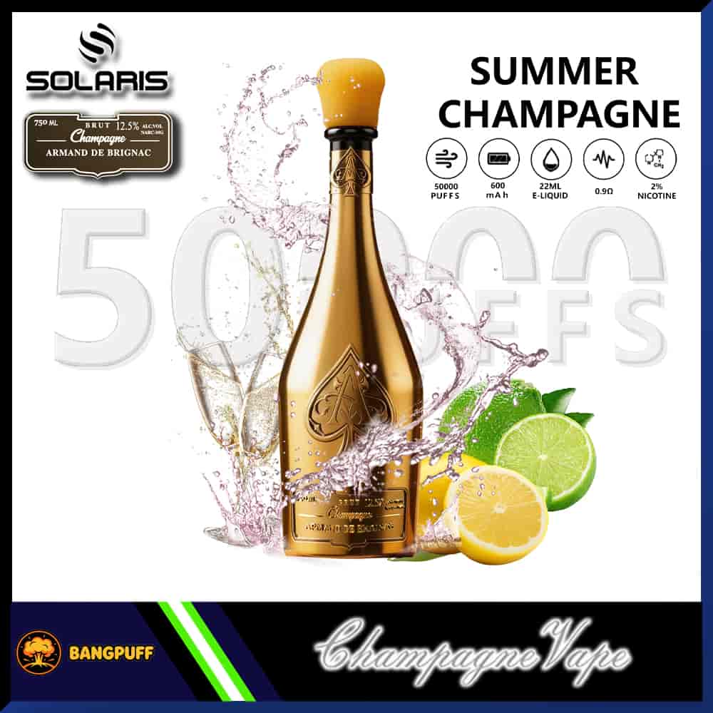 Solaris Summer Champagne vape shaped like a gold bottle with lemon and lime slices, splash effects, and 50,000 puffs listed