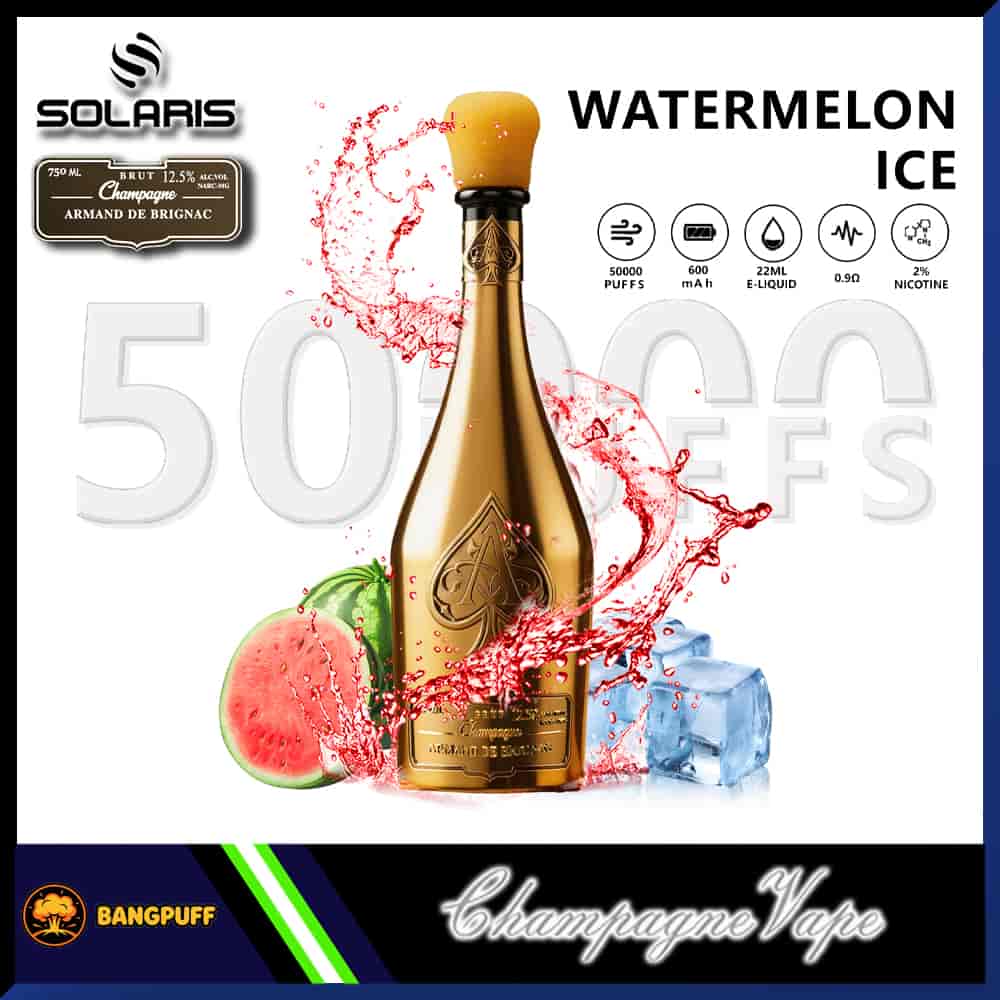 Gold champagne bottle-shaped vape with watermelon slice, ice cubes, red splash, labeled Watermelon Ice 50000 puffs