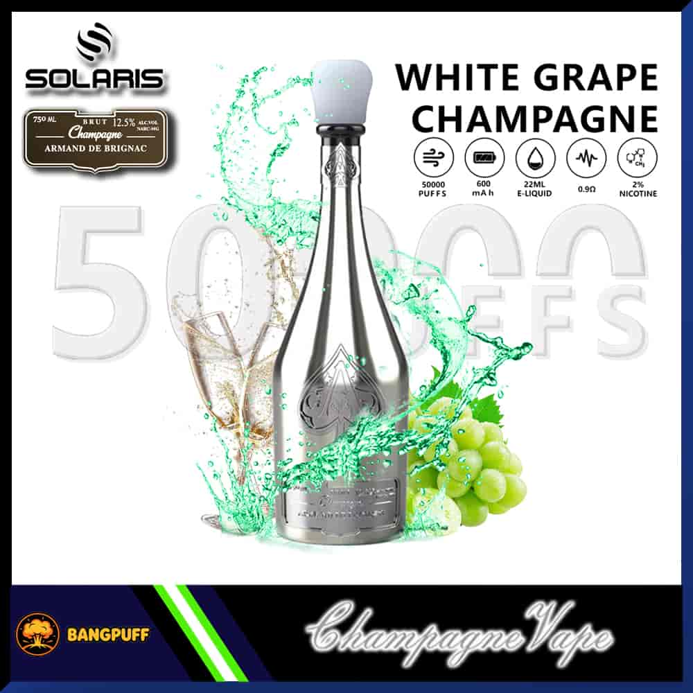 White Grape Champagne vape styled like a champagne bottle with green splash, grapes, and 50000 puffs label