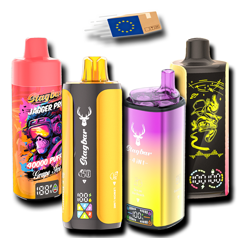 Five colorful Stagbar disposable vape devices with digital displays and varied graphic designs, plus EU-compliant packaging