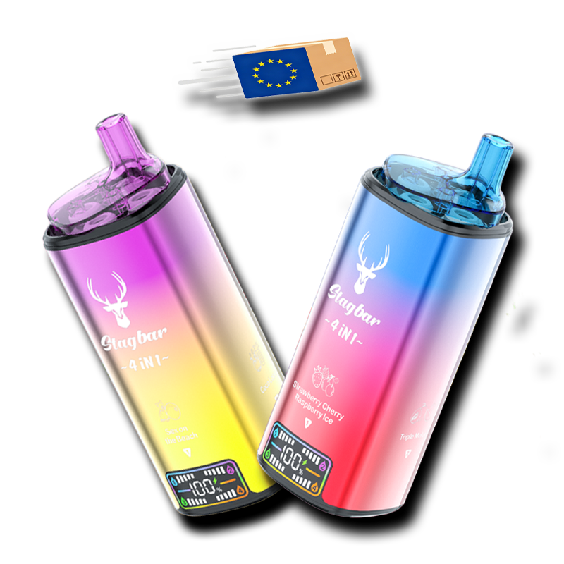 Two colorful Stagbar 4‑in‑1 vape devices with gradient finishes and digital displays, shown beneath an EU shipping box icon
