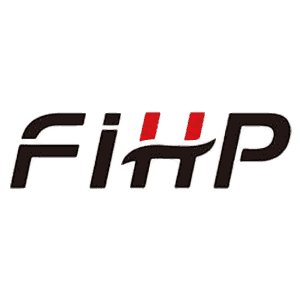 Fi'Pi logo in black with two red accent marks above the center on a light gray background