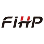 白い背景に、2本の赤い垂直バーがある黒いスタイリッシュなFiHPロゴ