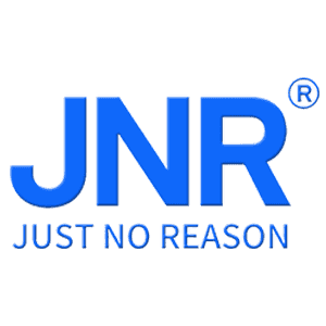 Blue JNR logo with registered trademark symbol above the words Just No Reason on a light gray background
