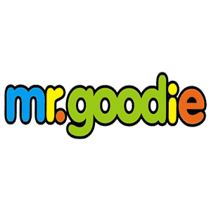 Colorful rounded “mr.goodie” logo in blue, green, yellow, and orange letters on a light gray background