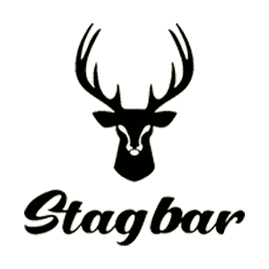 Black silhouette of a stag head with antlers above the word “Stagbar” in cursive lettering