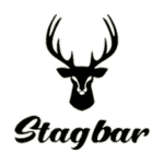 Black silhouette of a stag head with antlers above the stylized word “Stagbar” on a light background
