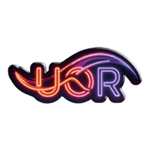 Neon-style logo reading “UKOR” in orange and purple with a curved swoosh above the letters