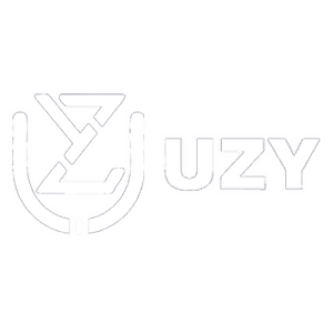 Minimalist gray logo featuring a stylized U-shaped arrow symbol next to the text “UZY” on a light background
