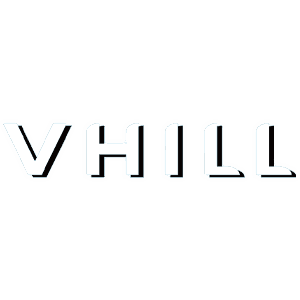 Stylized black and white text reading “VHILL” on a light gray background