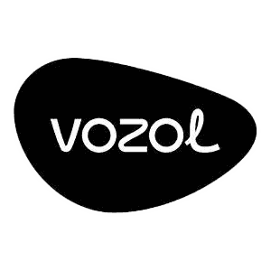 Black rounded shape logo with the word “vozol” in white stylized lowercase letters