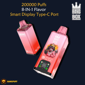 Two pink Bang Box vape devices with a digital display, featuring 200,000 puffs, 8-in-1 flavor, and Type-C port details