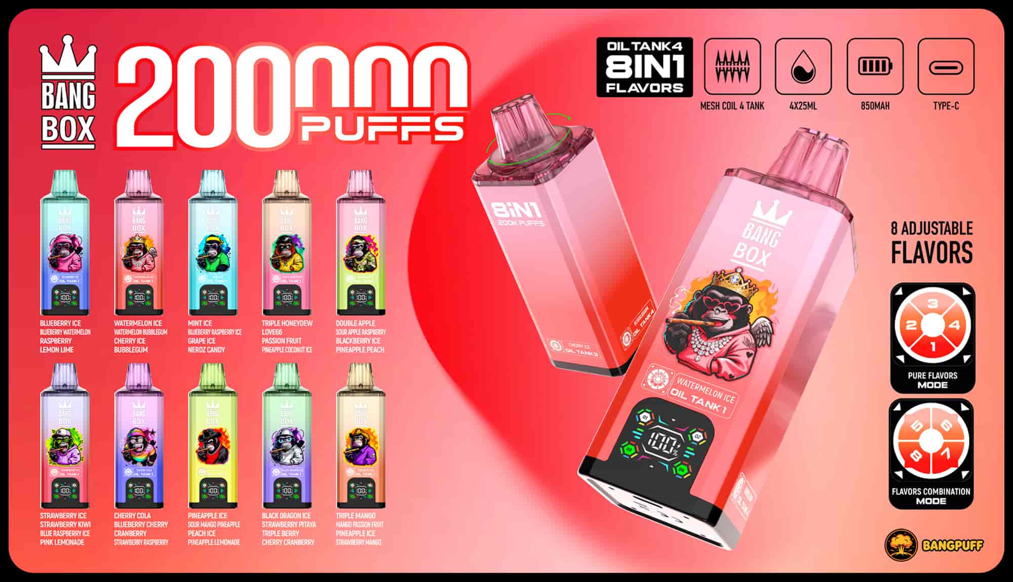 Display of Bang Box 200000 puffs vape device with 8 adjustable flavors, showing 10 colorful flavor options and two vape devices with digital displays